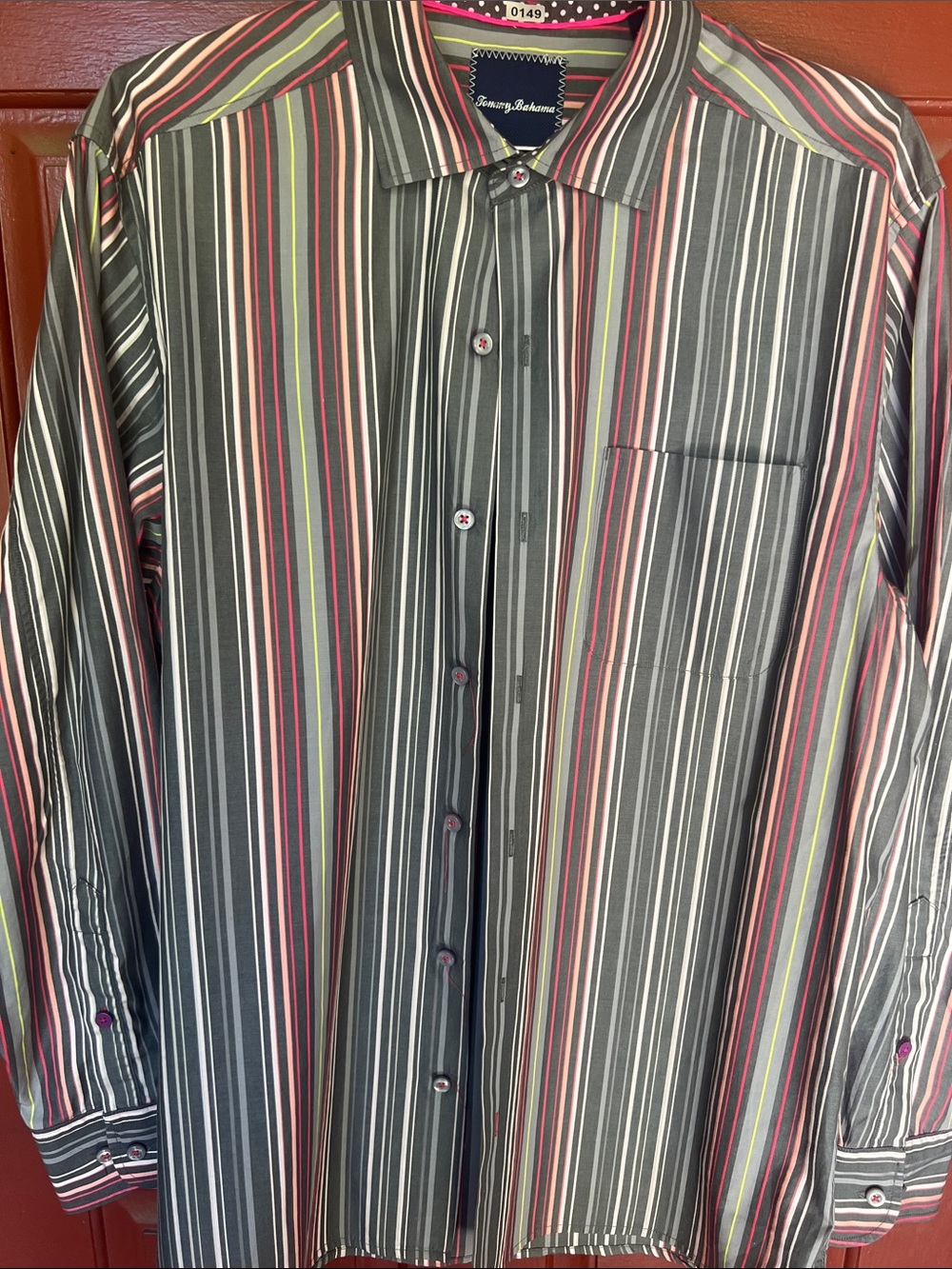 Tommy Bahama Men's Button-Down Shirt - Gray with Pink, Green & White Stripes